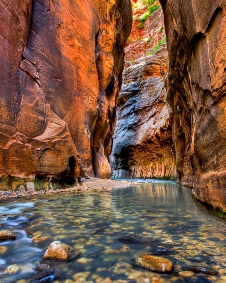 The Virgin River flows through the slot canyon at The Narrows