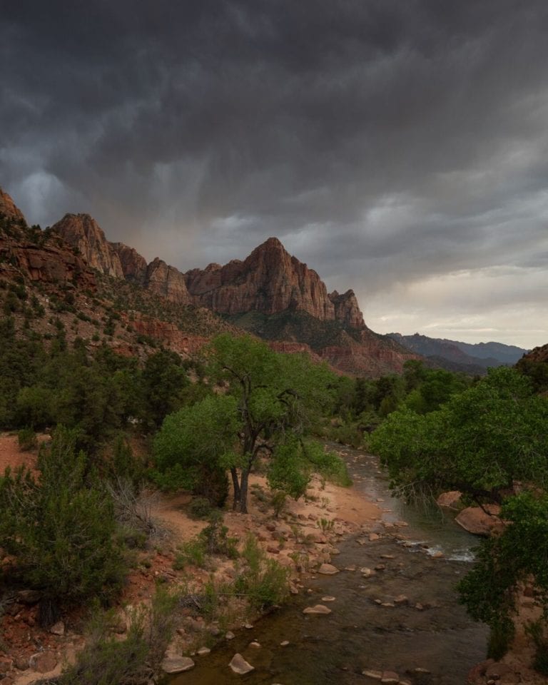 A cloudy sunset at The Watchman before a storm in Zion National Park