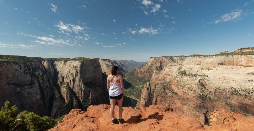 A hiker stands at Observation Point overlooking Zion Canyon in Zion National Park