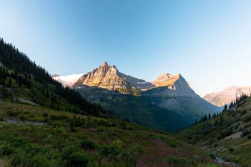 A view of mountains in Logan Pass from Going-to-the-Sun-Road.