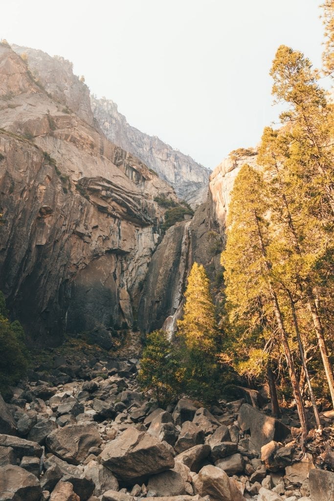 Fall colors frame Lower Yosemite Falls in October