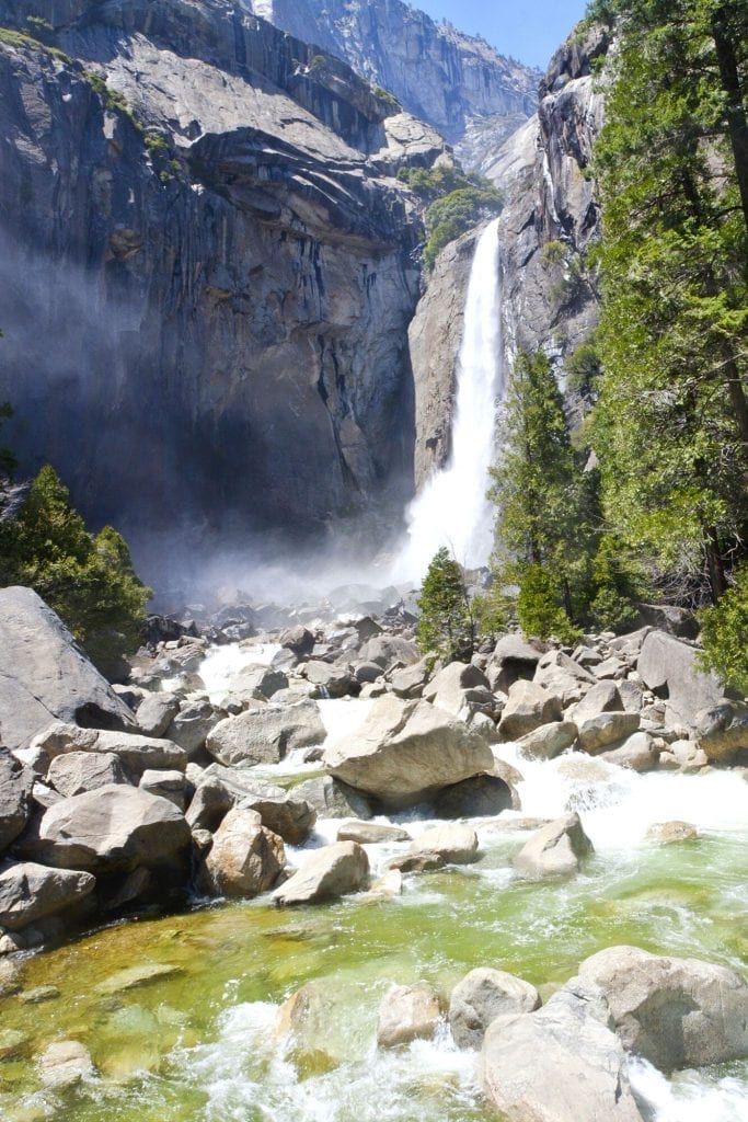 Lower Yosemite Falls at peak flow during spring in Yosemite National Park