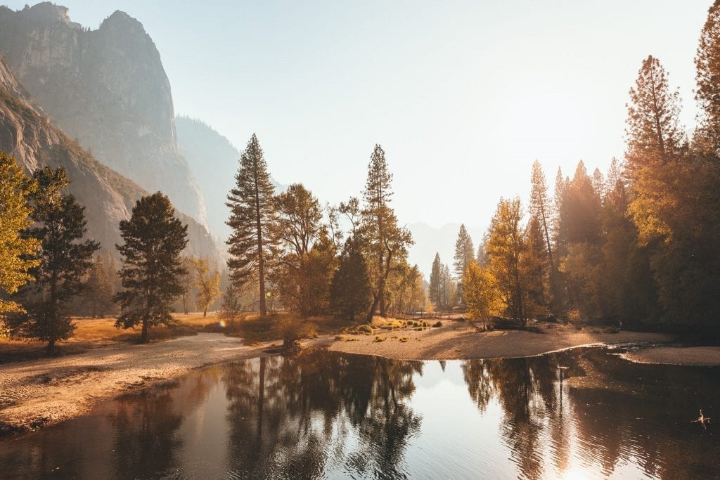 Beach along the Merced River in Yosemite Valley in fall