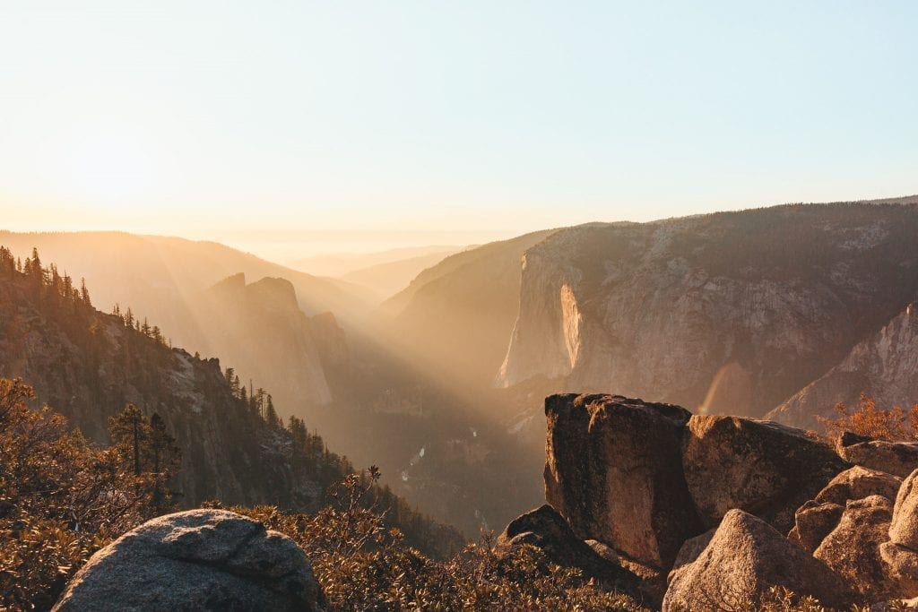 Sunset along the trail from Sentinel Dome to Taft Point overlooking Yosemite Valley