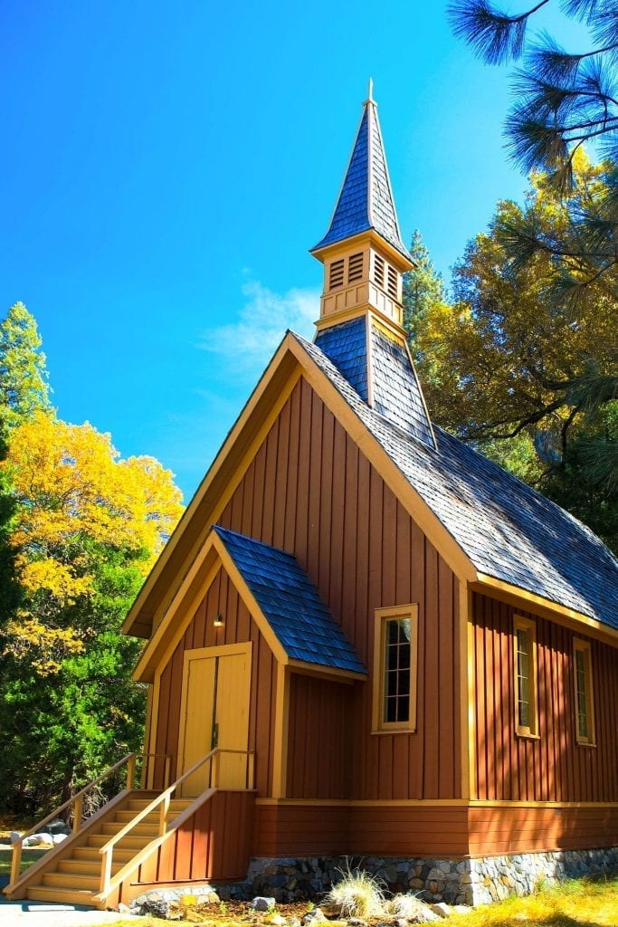 The small, historic Yosemite Valley Chapel in Yosemite National Park