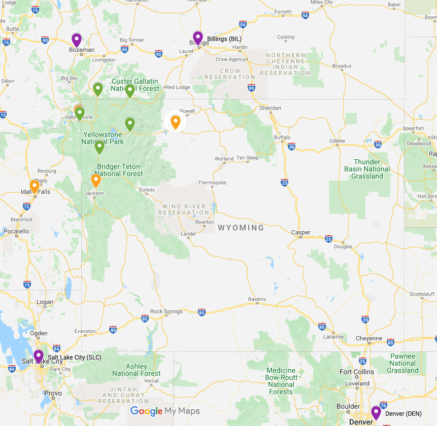 Map of airports near Yellowstone National Park