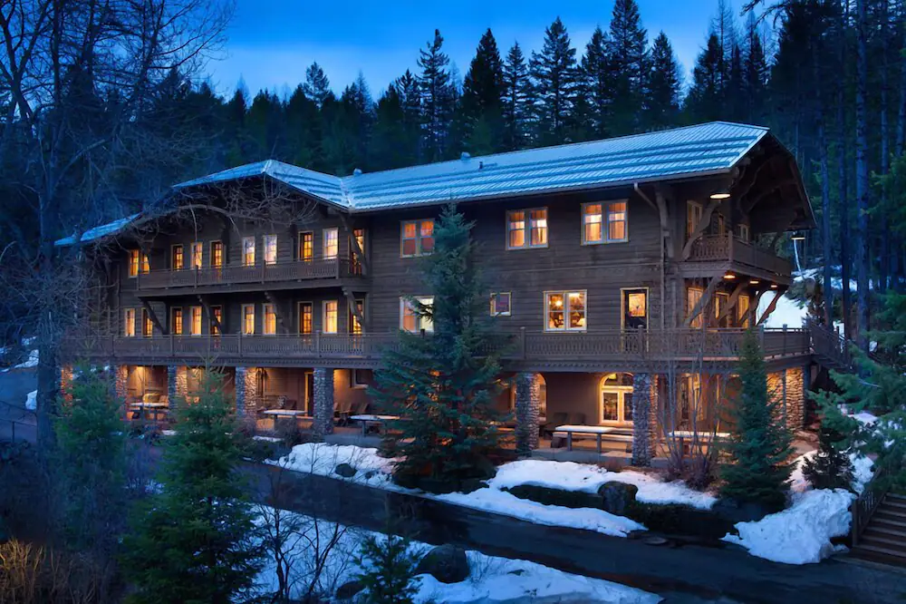 Snow covered Belton Chalet lodge near Glacier National Park