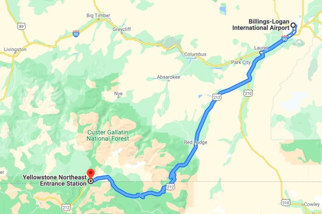 Map of route from Billings Airport to Yellowstone