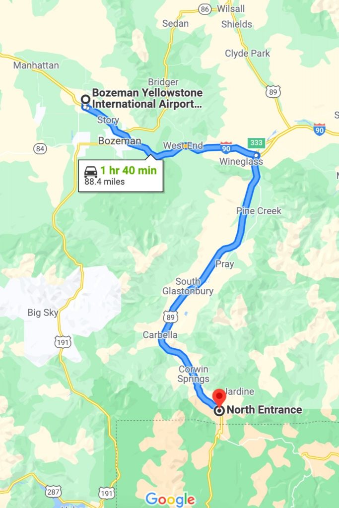 Map of Bozeman Airport to Yellowstone