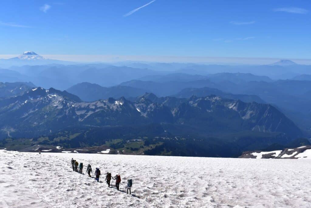 Hikers heading to Camp Muir in Mount Rainier National Park