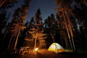 An orange and white tent is illuminated by a campfire in a forested campground