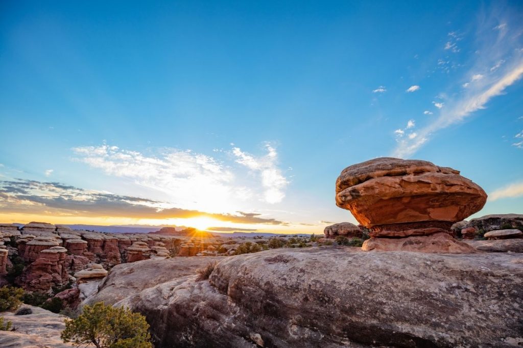 Sunrise over rock formations in Canyonlands