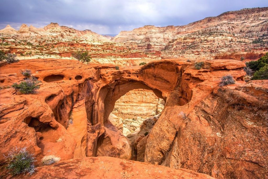 Red arch connects two rock slabs at Cassidy Arch in Capitol Reef