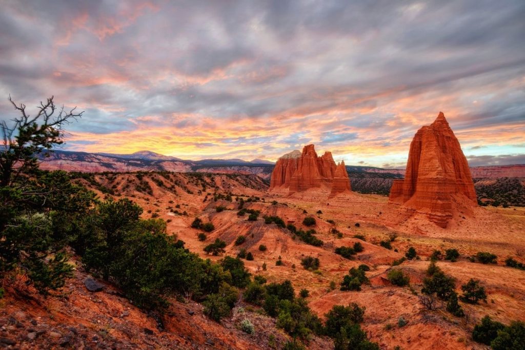 Sunset over rocky spires in Capitol Reef National Park