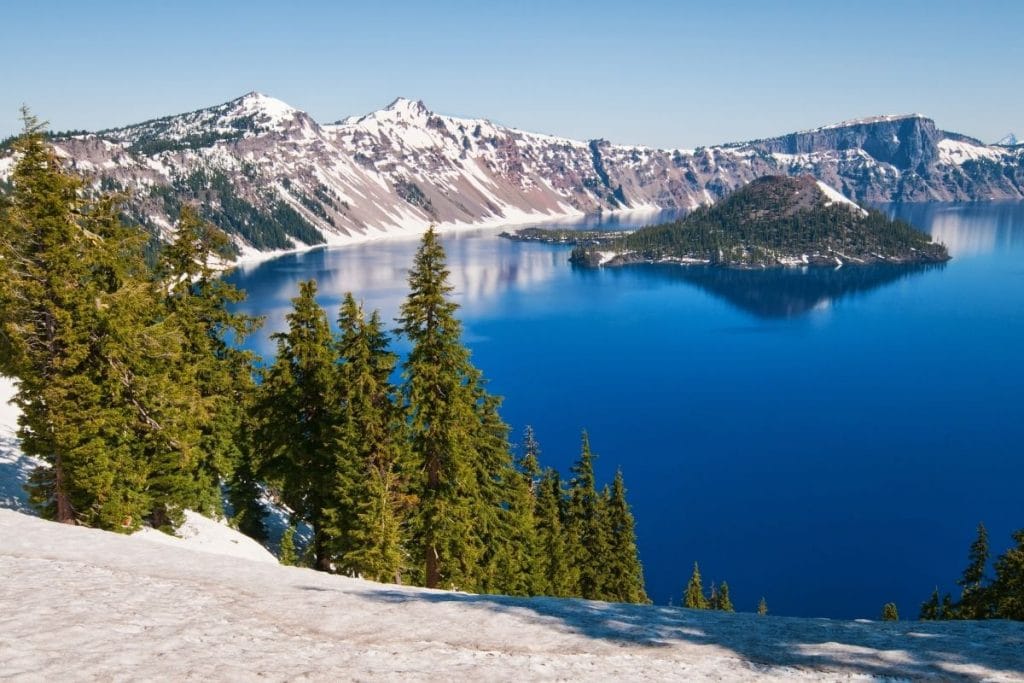 Crater Lake National Park snow covered in the spring