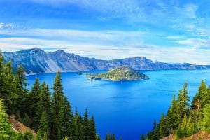 Crater Lake and Wizard Island seen from Rim Drive