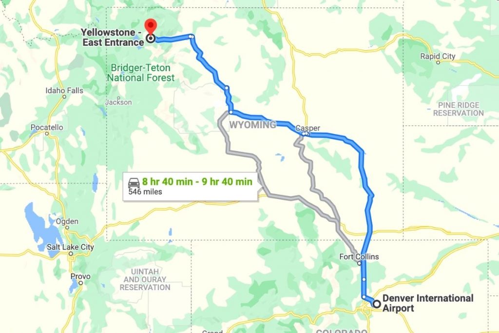 Map of Denver Airport to Yellowstone