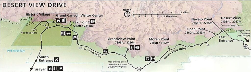 Map of Desert View Drive in Grand Canyon National Park