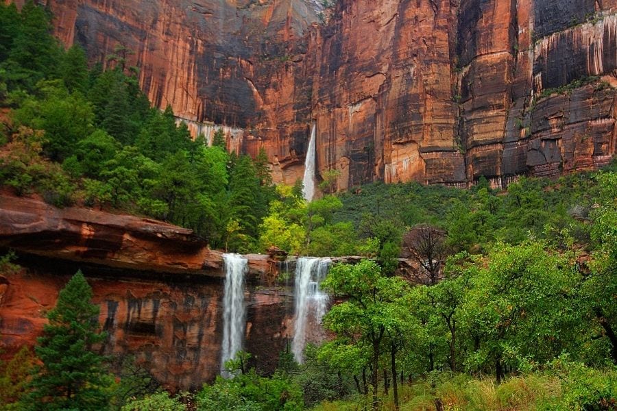 Waterfalls flow down the rock at Emerald Pools in Zion National Park