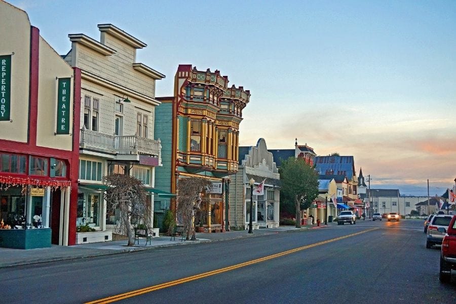 Old western buildings line the street in the historic Ferndale, California.