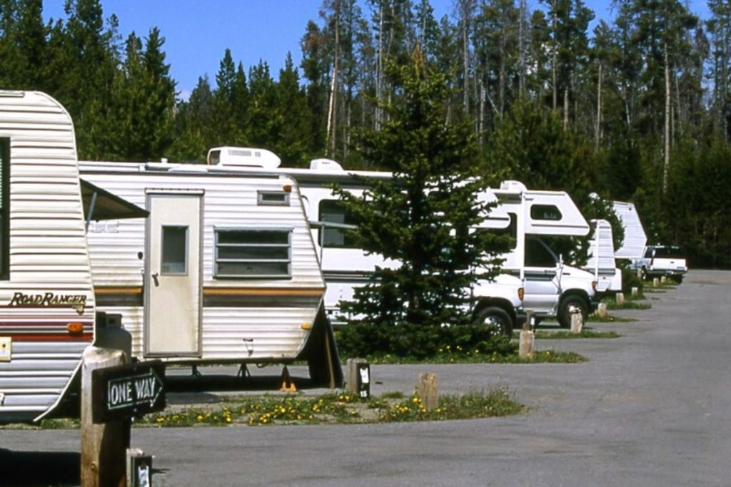 RVs lined up in Fishing Bridge RV Park in Yellowstone