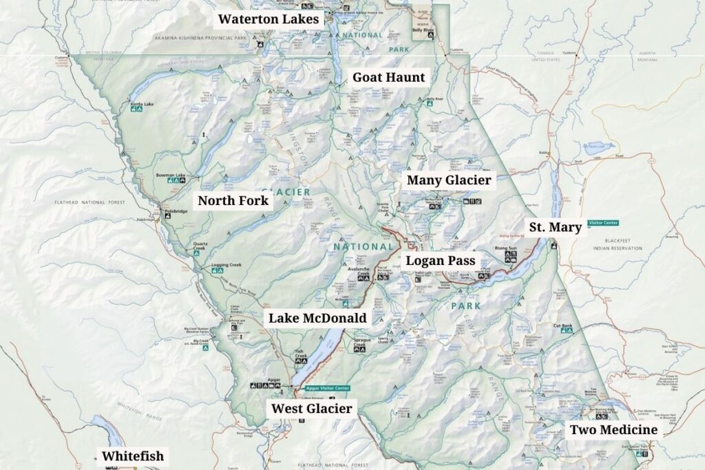 Map of the regions in Glacier National Park