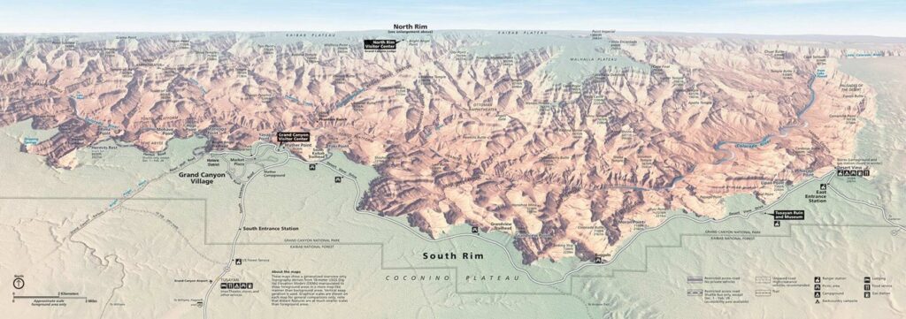 Aerial map of Grand Canyon National Park areas