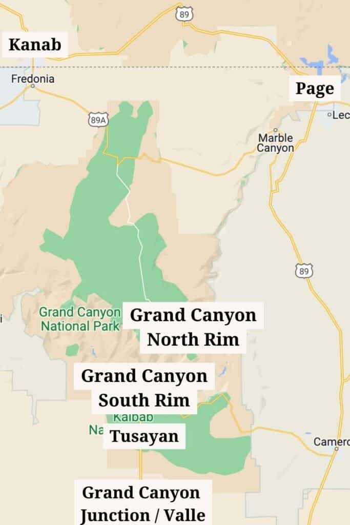 Map of the towns near Grand Canyon North Rim