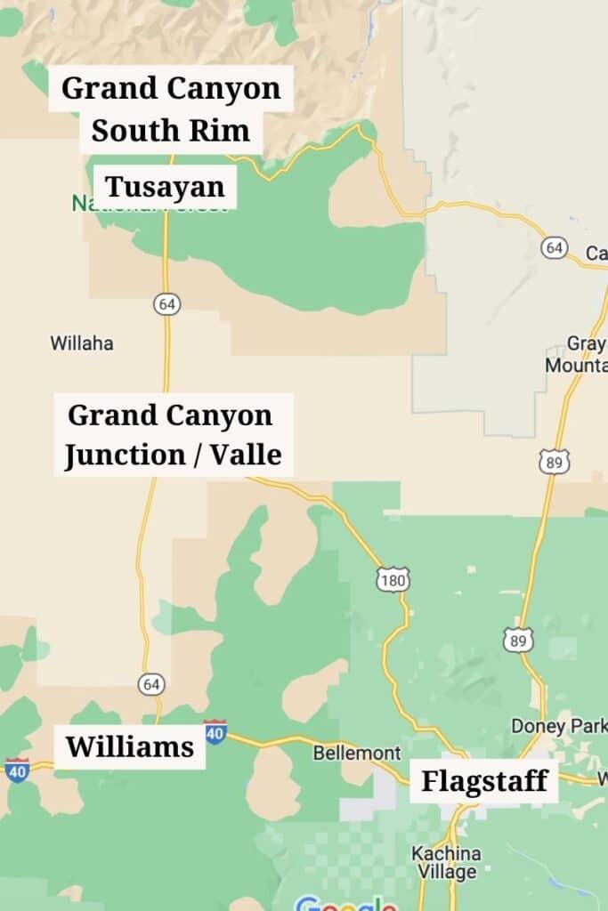 Map of the towns near Grand Canyon South Rim