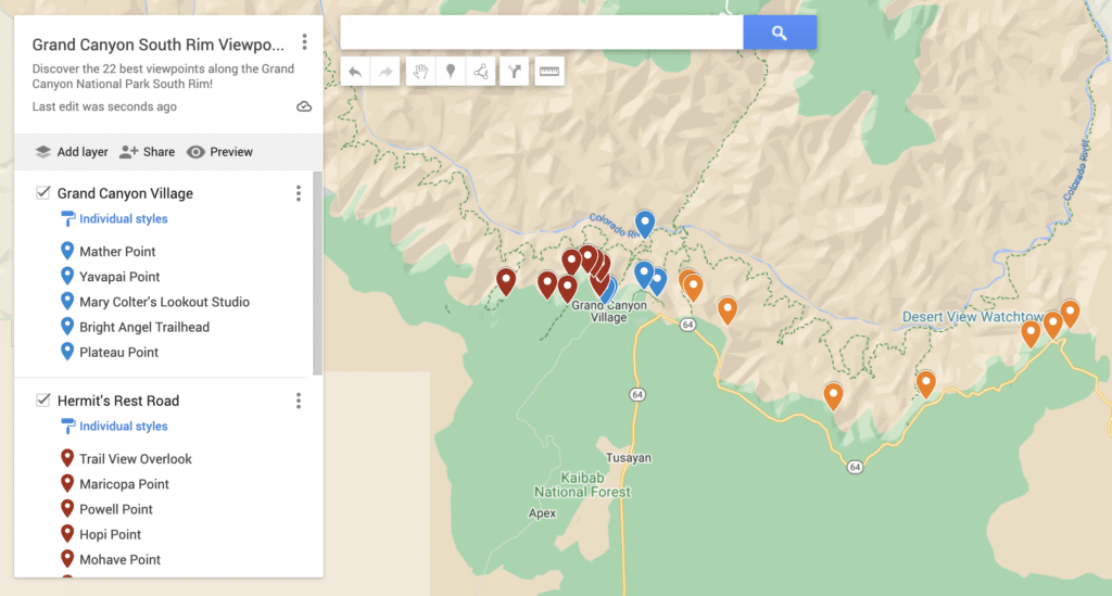 Map of viewpoints along the Grand Canyon National Park South Rim