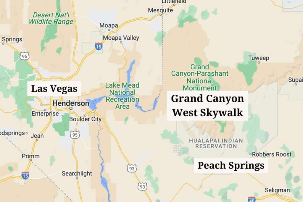 Map of the towns near Grand Canyon West Rim