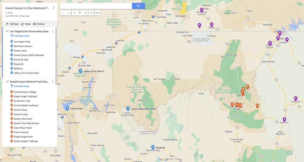 Map of Grand Canyon to Zion National Park Road Trip Route