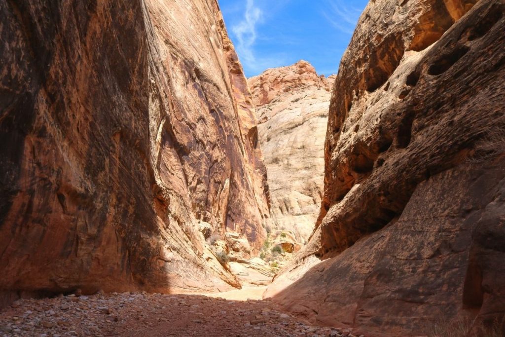 Wide canyon with sandy wash trail along Grand Wash Trail in Capitol Reef