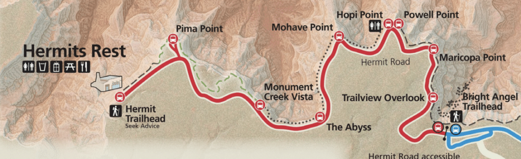 Map of Hermit's Rest Road in Grand Canyon National Park