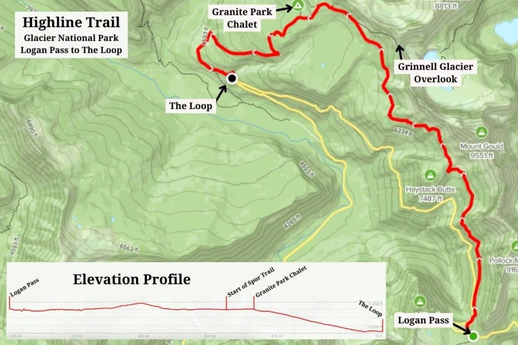 Map of the Highline Trail in Glacier National Park