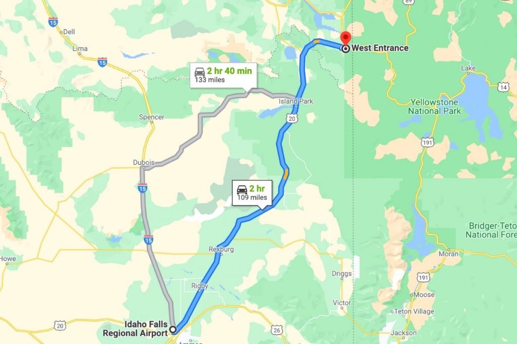 Map of Idaho Falls Airport to Yellowstone