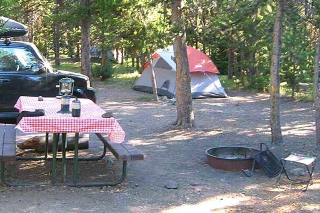 Tent and picnic table at Indian Creek Campground in Yellowstone