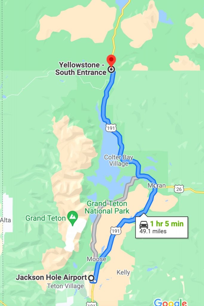 Map of Jackson Hole Airport to Yellowstone