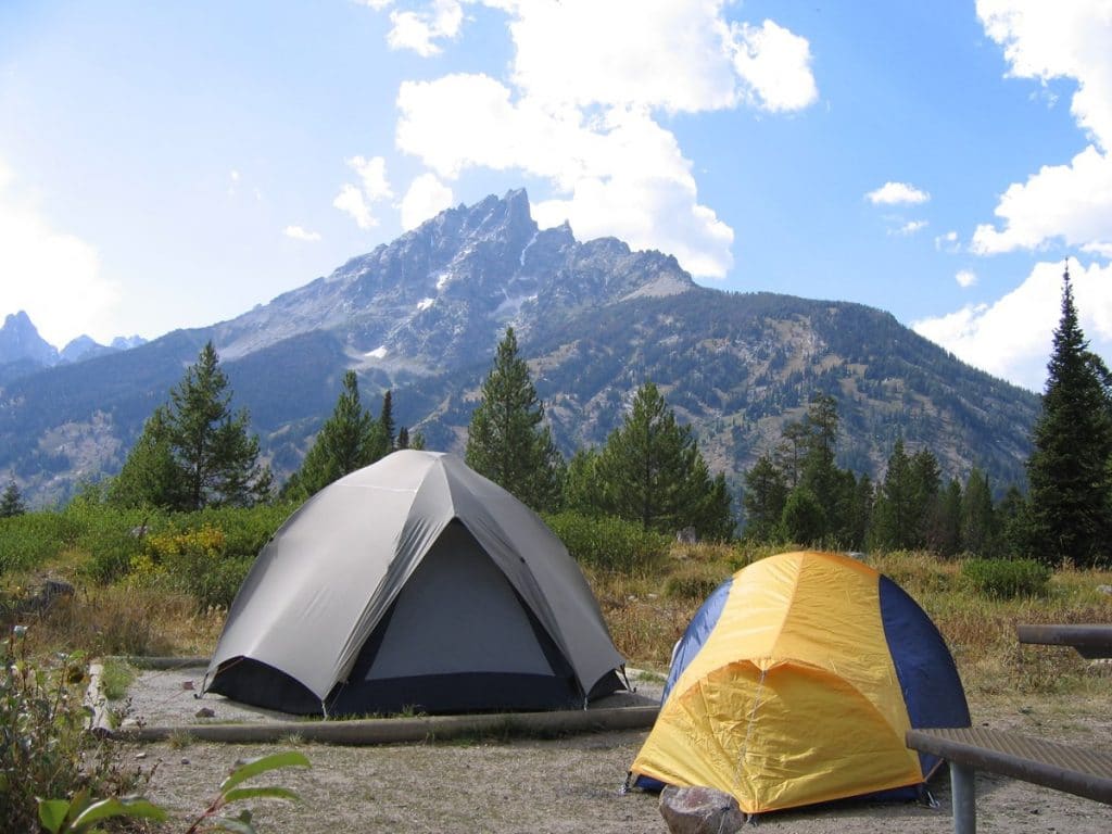 Tents in front of the Teton Range at Jenny Lake Campground in Grand Teton