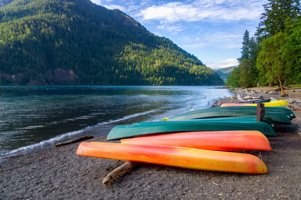 Kayaks lined up on the shore of Lake Crescent in Olympic National Park