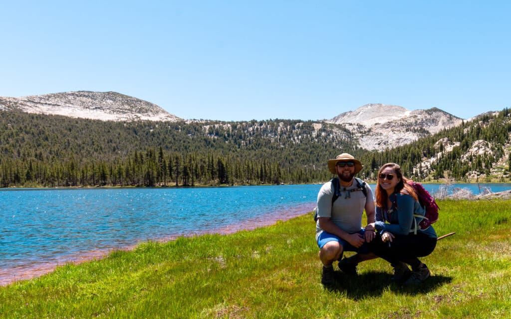 Hikers next to Elizabeth Lake in Yosemite