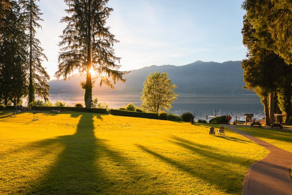 Sunset view from Lake Quinault Lodge in Olympic National Park