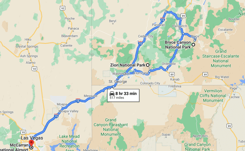 Road trip route from Las Vegas to Zion to Bryce Canyon