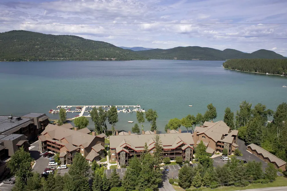 Aerial view of Lodge at Whitefish Lake on the lake shore near Glacier National Park