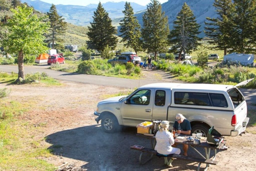 Truck at a campsite in Mammoth Campground in Yellowstone