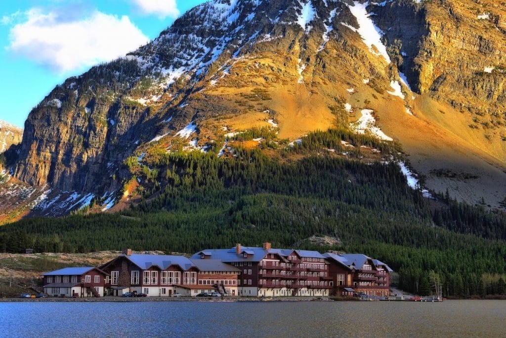 Many Glacier Hotel on the shores of Swiftcurrent Lake in Glacier National Park