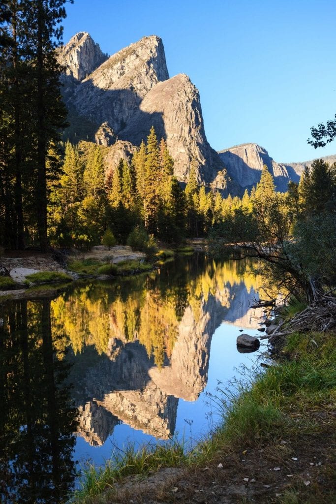 The Three Brothers along Merced River in Yosemite National Park