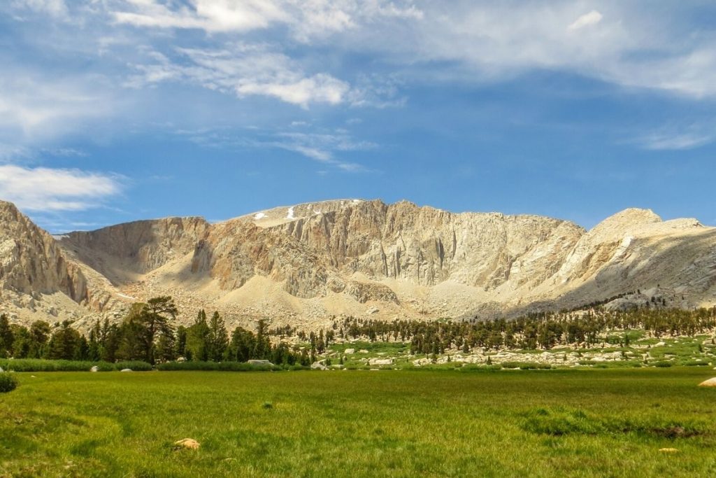 View of Mount Langley from a grassy meadow in Sequoia National Park