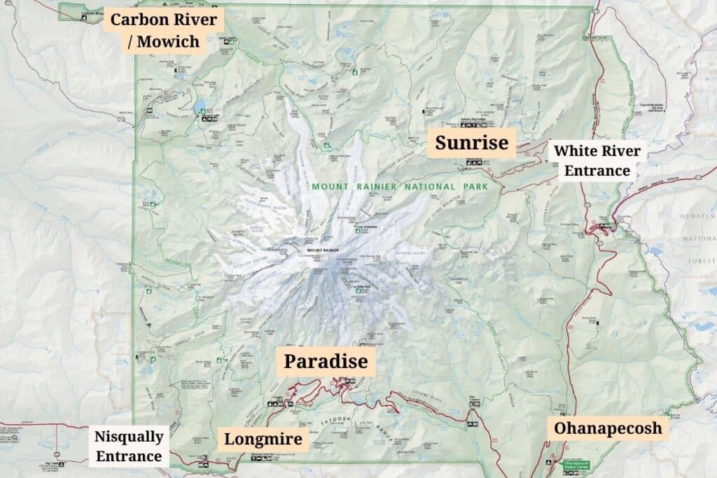 Map of the regions in Mount Rainier National Park