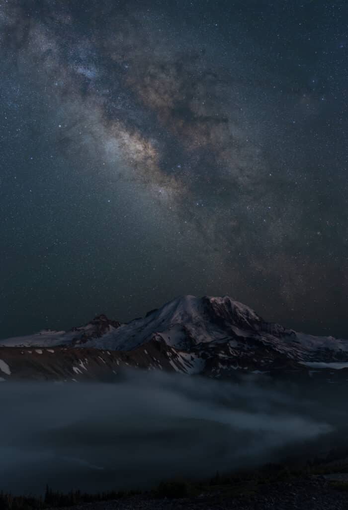 Milky Way and stars over Mount Rainier